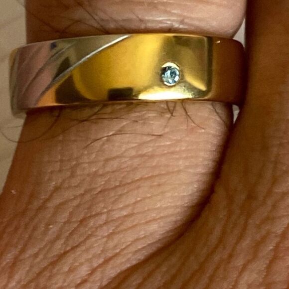 Men's Gold and Silver Ring Band with Aqua Stone size 10 - Picture 2 of 6